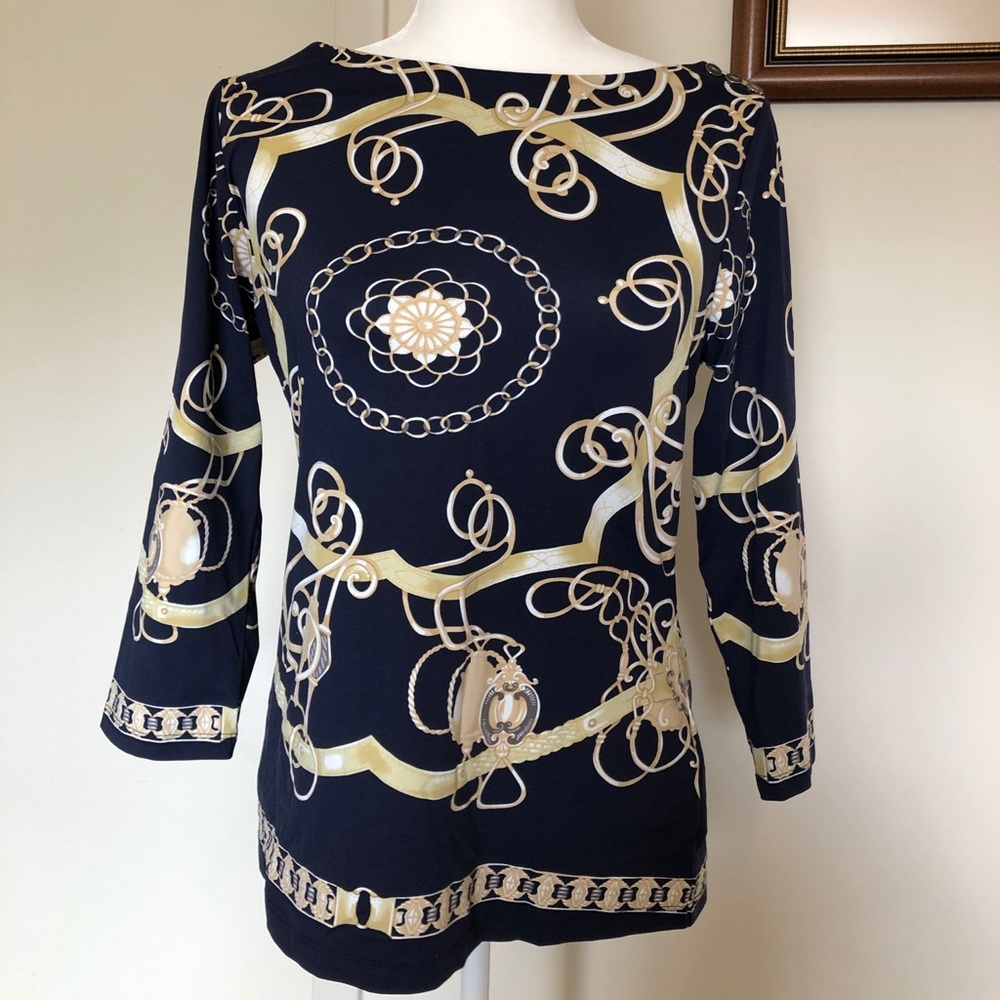 J. McLaughlin Navy Blue & Gold Patterned Blouse
